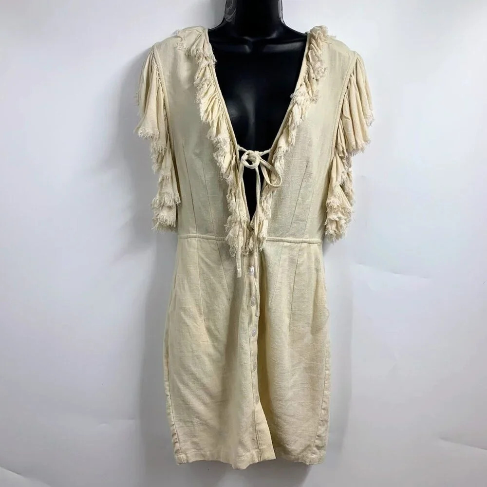 Indah Women's Deep V Neck Raw Hem Tie Front‎ Linen Blend Mini Dress Size S